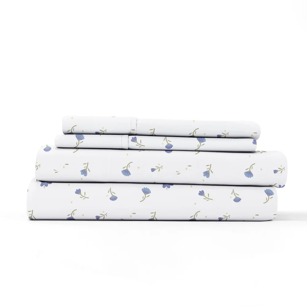 4 Piece Light Blue Floral Microfiber Bed Sheets Set Queen Deep Pocket Hypoallergenic Soft Durable Easy Care