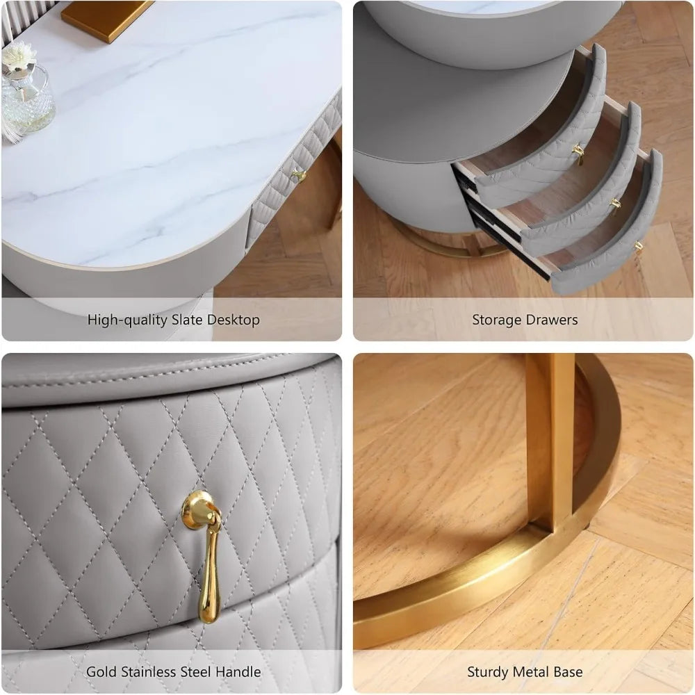 Faux Leather Makeup Vanity Desk Set with LED Lighted Mirror Luxury Dressing Table Storage Drawers and Vanity Stool Gray