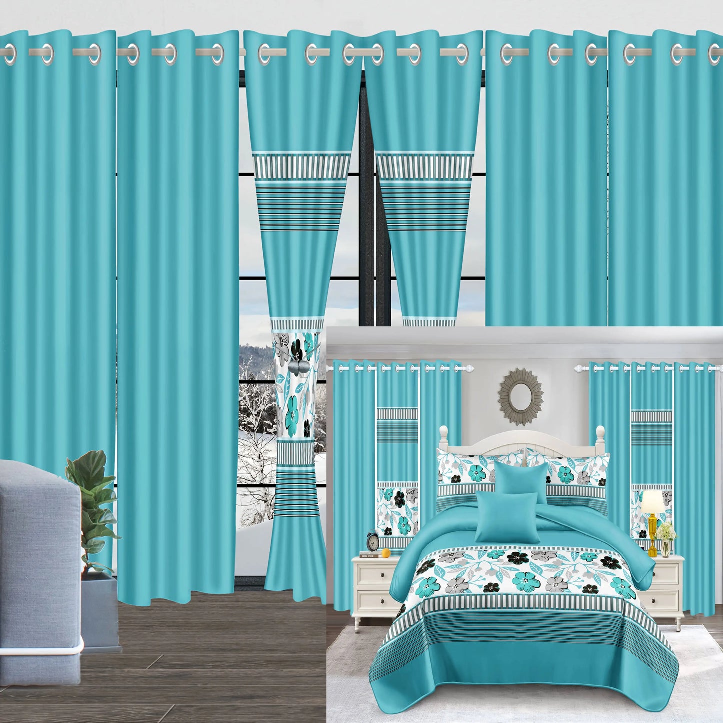 Royberry 9 Piece Thick Bedspread Set Blue and White Flower Warmth Includes Bedspread Pillowcases and Curtain Set Ideal for Bedroom Guest Room and Holiday Gift