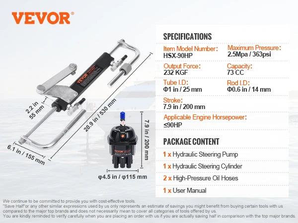 VEVOR Hydraulic Outboard Steering Kit 90HP/150HP/300HP with Helm Pump and 24FT/26Ft Hose for Single Station Single-Engine Boats