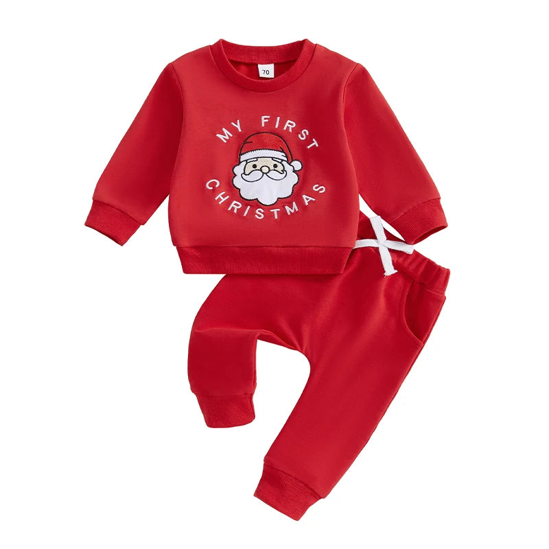 Toddler Girl Boy Christmas Outfits Santa Claus Letter Embroidery Long Sleeve Sweatshirt with Solid Pants Set