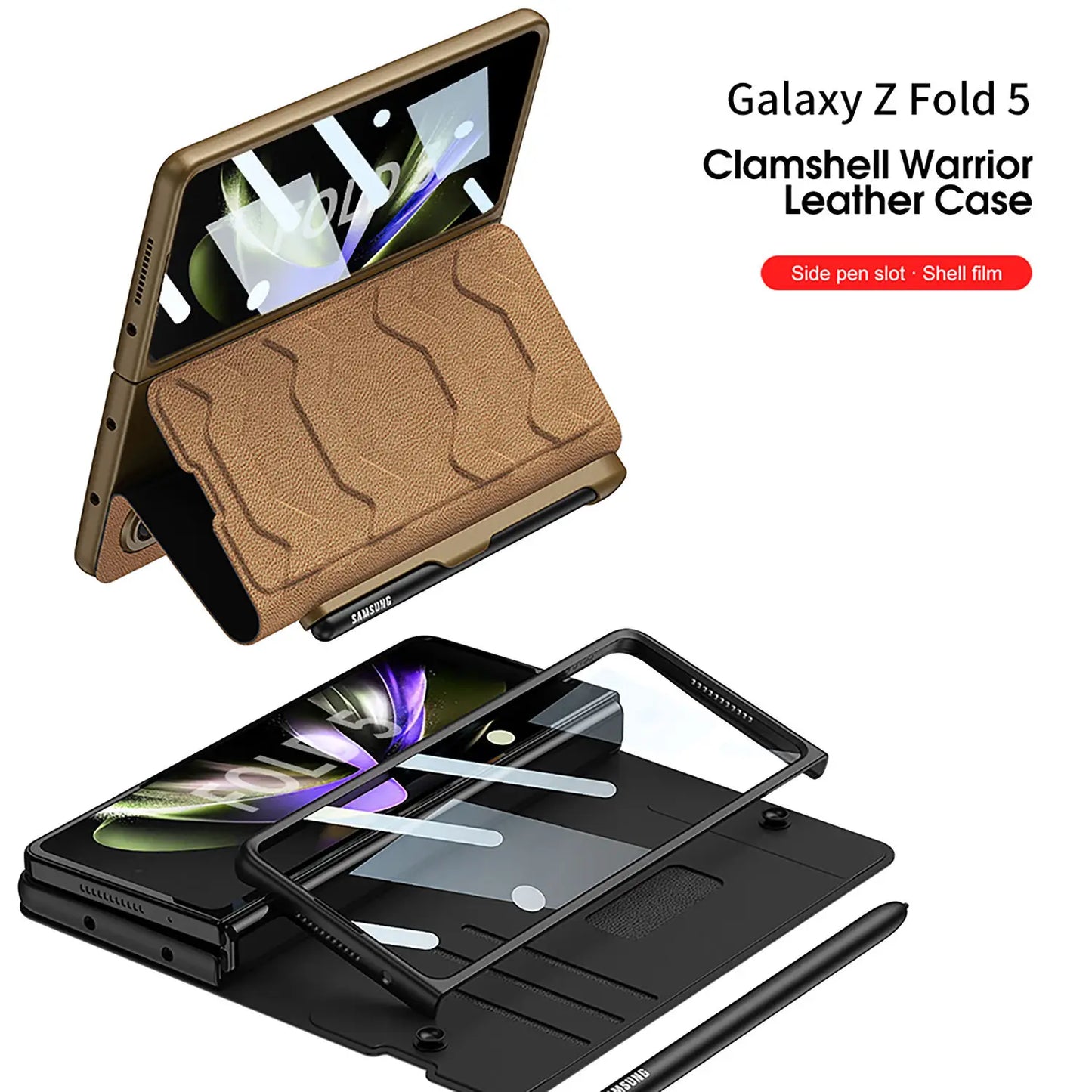 Clamshell Warrior Leather Case for Samsung Galaxy Z Fold 5 with Integrated Side Pen Slot Anti Fall Protection Cover