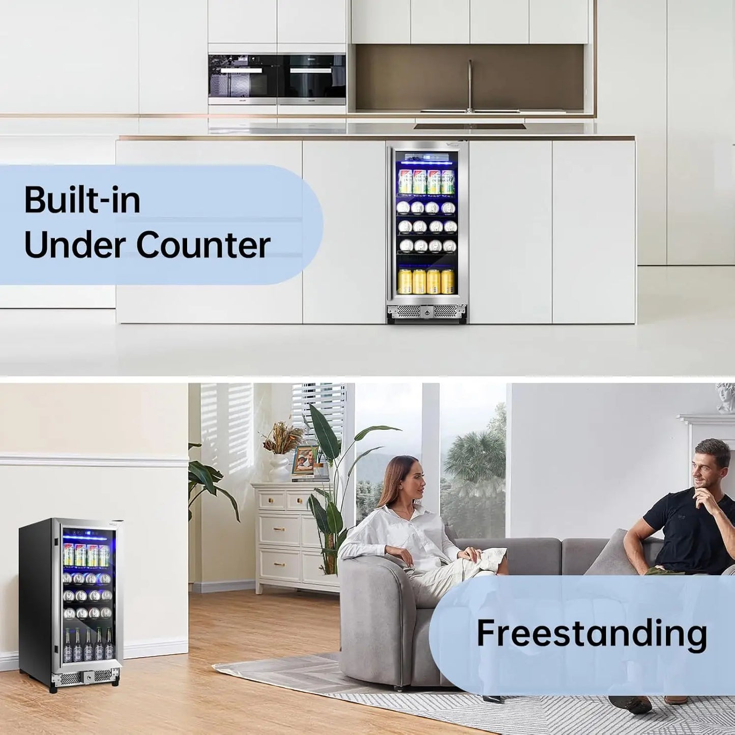 15 Inch Refrigerator with Lock and Glass Door 78 Cans Under Counter Drink Cooler Fridge for Beer and Soda