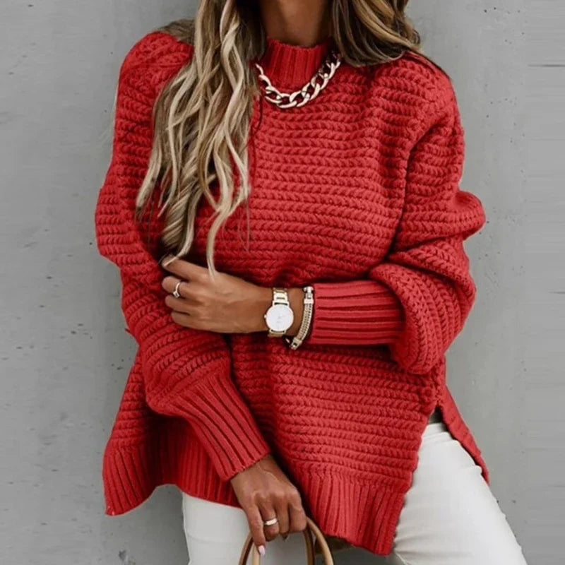 2024 New Loose Split Knitted Long Sleeve Thick Sweater Half High Neck Korean Fashion Pullover Autumn Winter Black Women Clothes