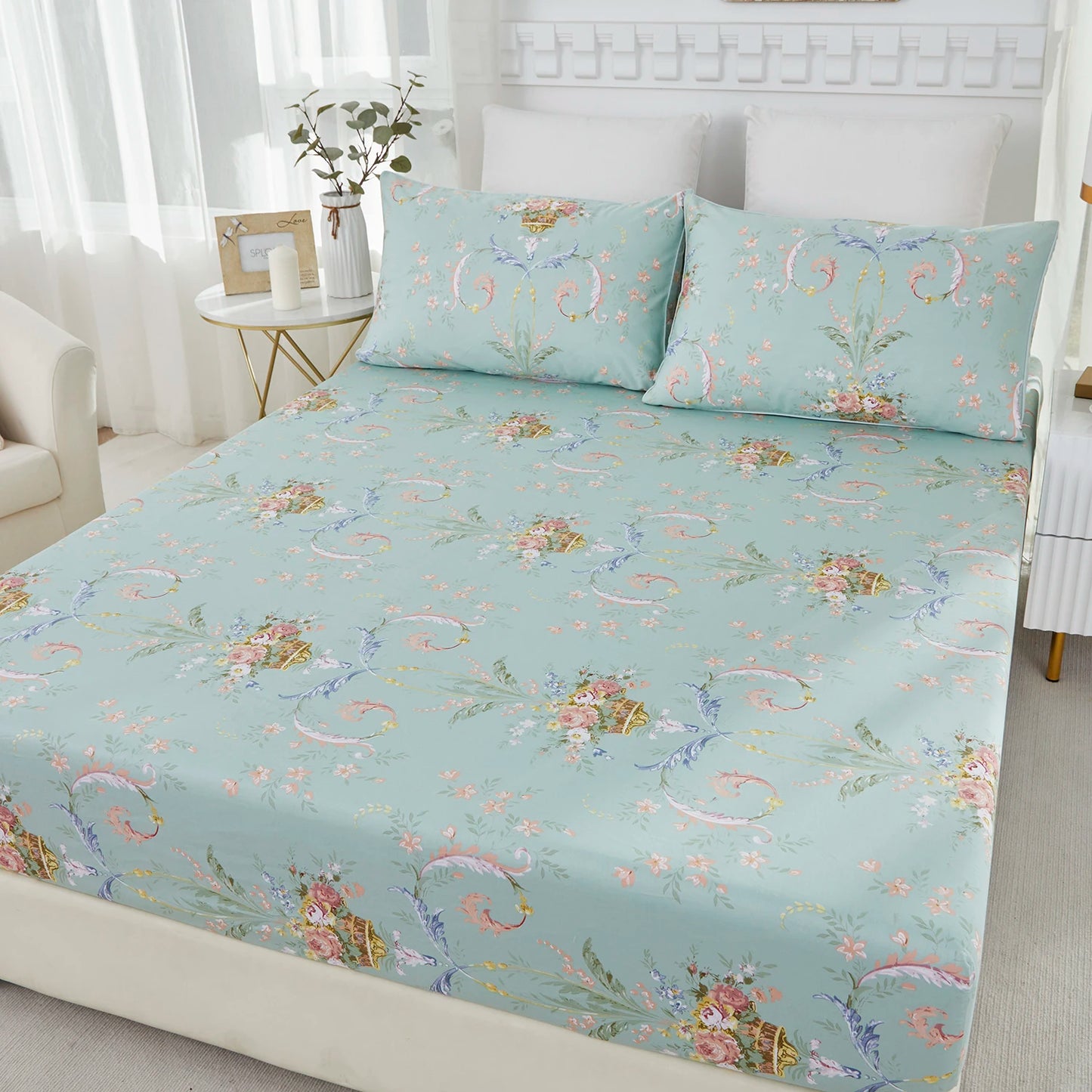 4 Pieces 600 TC 100 Percent Egyptian Cotton Fitted Sheet Set Floral Luxury Shabby Chic Soft and Skin Friendly