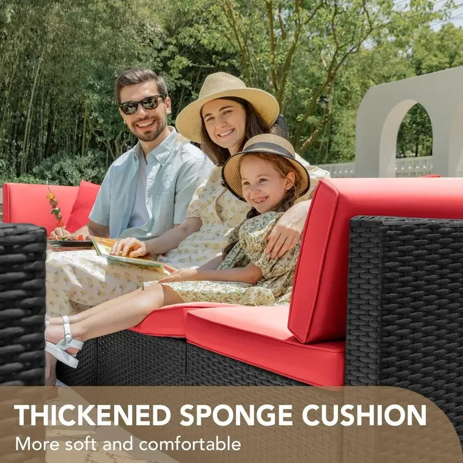 7 Pieces Outdoor Sectional Sofa Patio Furniture Sets Manual Weaving Wicker Rattan Patio Conversation Sets with Cushion and Glas