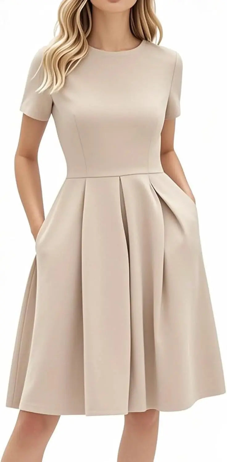 Red A-Line Short Sleeve Dress with Pockets for Women, Summer Party Church Bridesmaid Graduation Occasion
