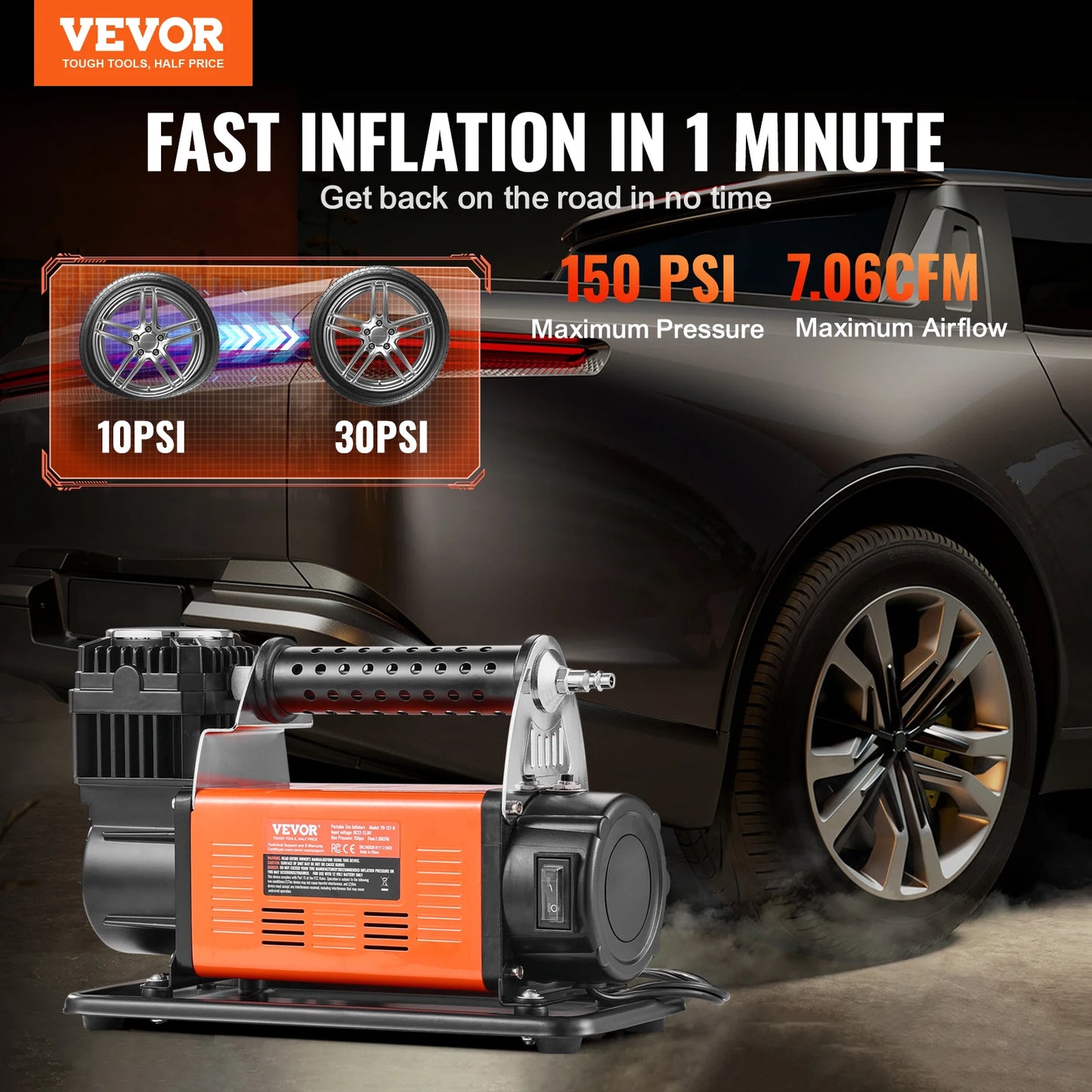 VEVOR 12V Portable Tire Inflator 7.06CFM Heavy Duty Air Compressor 150PSI Offroad Air Pump with Adapters for Car SUV RV Truck