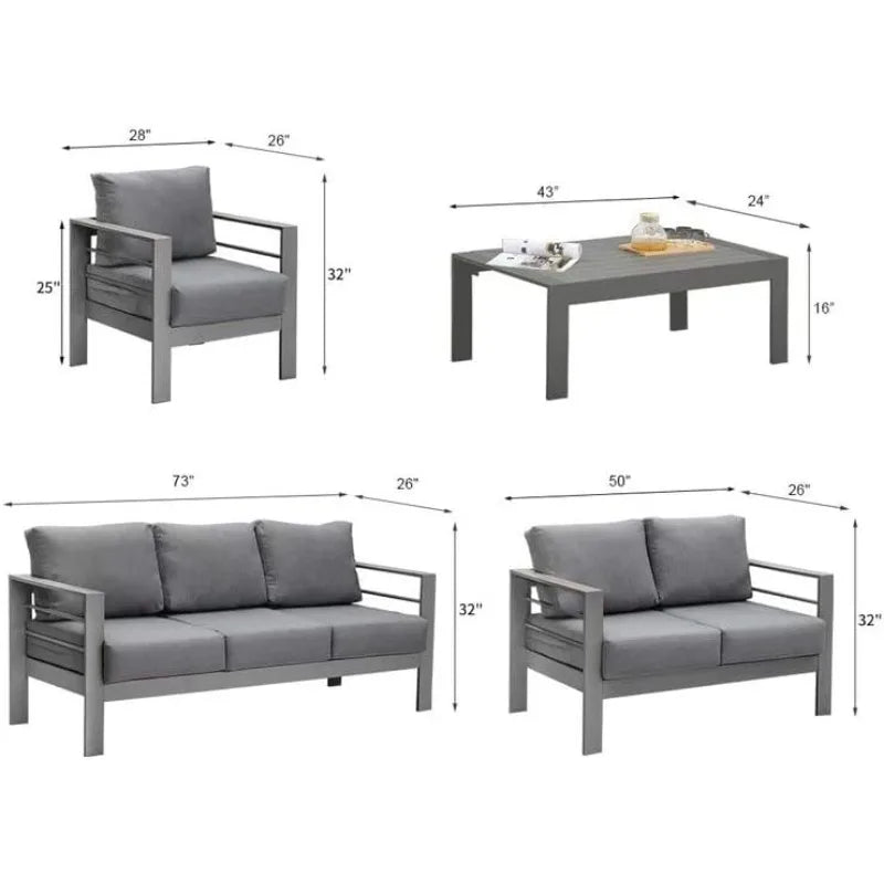 Aluminum Patio Furniture Set,7 Seats Modern Outdoor Conversation Set Sectional Sofa with Upgrade Cushion and Coffee Table,Grey