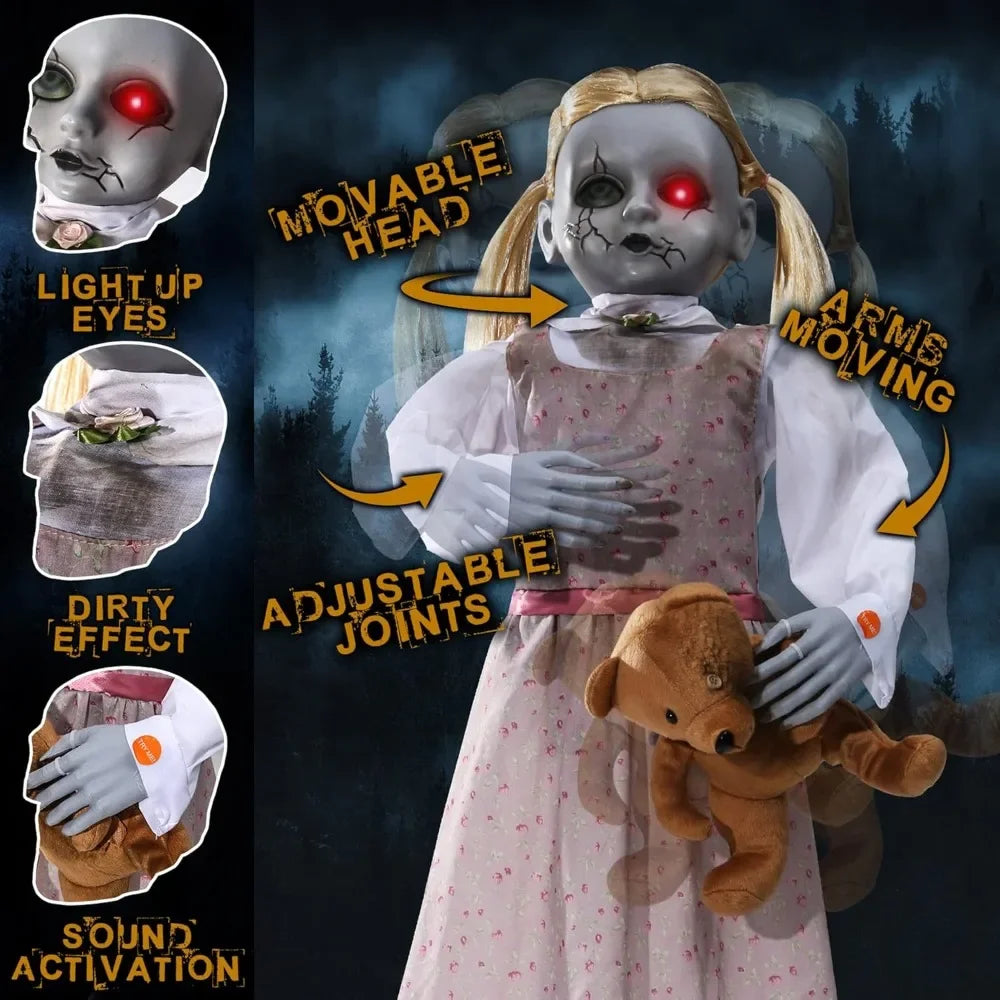 36 Inch Animated Halloween Doll Decorations with Sound Activation Scary Sounds Glowing Eyes and Horror Props