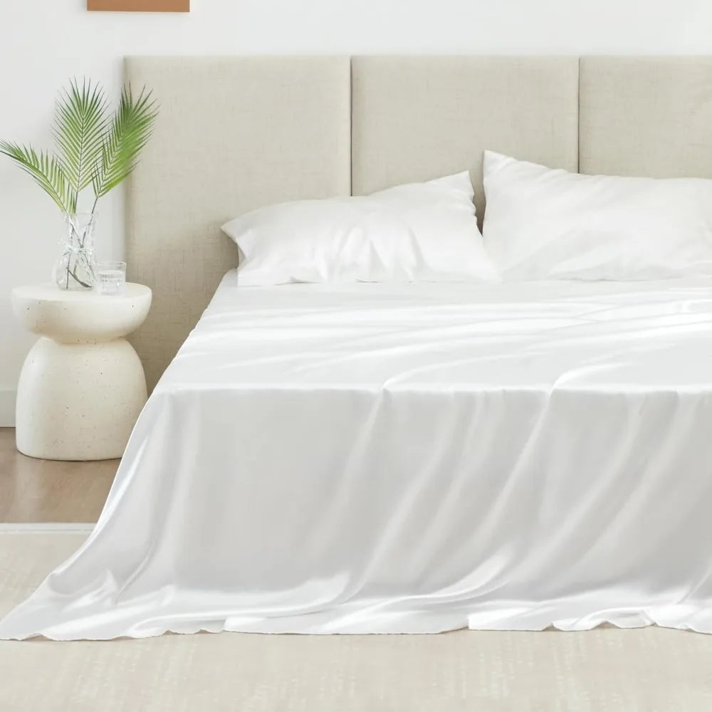 Satin Queen Sheets Set 4 Piece White Silky Bed Sheets with Deep Pocket Luxury Silk Feel Satin Queen Size Sheet Set