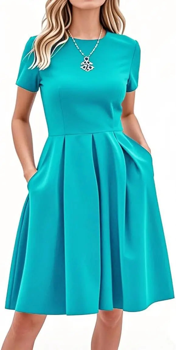 Red A-Line Short Sleeve Dress with Pockets for Women, Summer Party Church Bridesmaid Graduation Occasion
