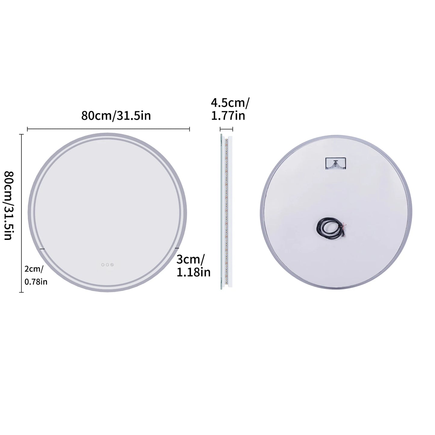 LUVODI 80cm Round Large LED Bathroom Mirror Backlit Built-in Touch On/Off Dimming Anti-fog Wall Mounted Mirror