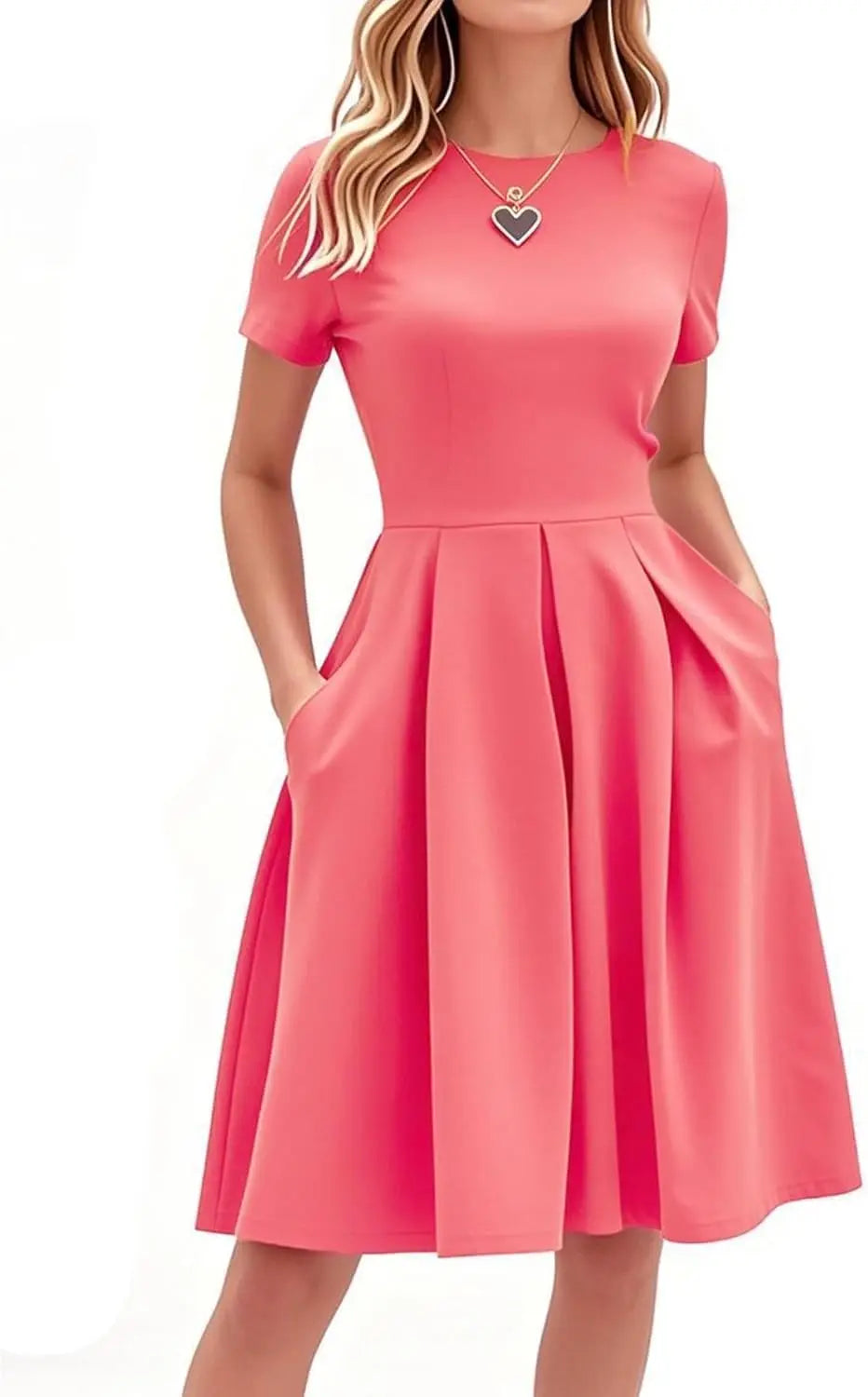 Red A-Line Short Sleeve Dress with Pockets for Women, Summer Party Church Bridesmaid Graduation Occasion