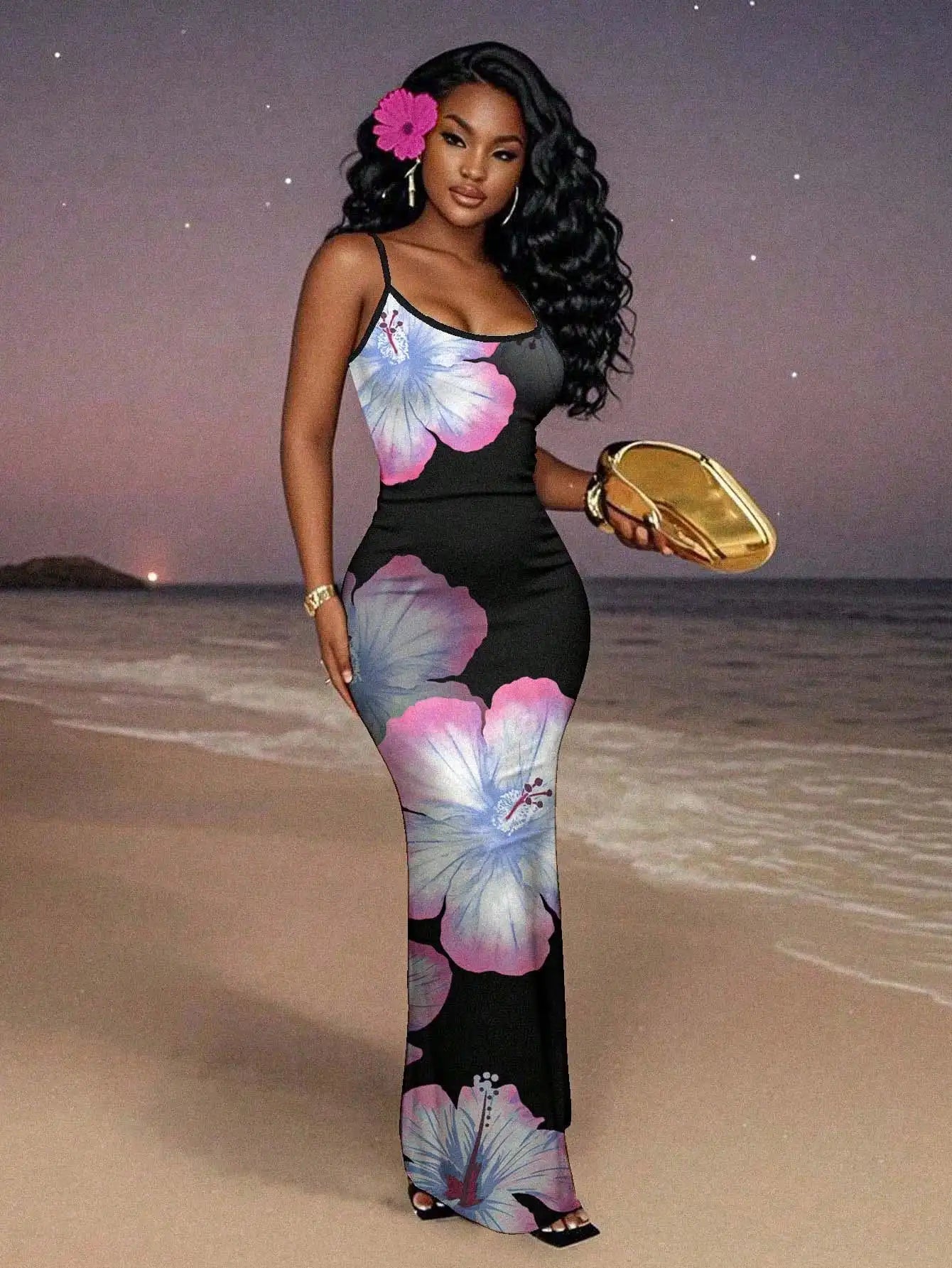 Black Red Floral Maxi Dress for Women, Sleeveless Elegant Evening Beach Vacation Dress