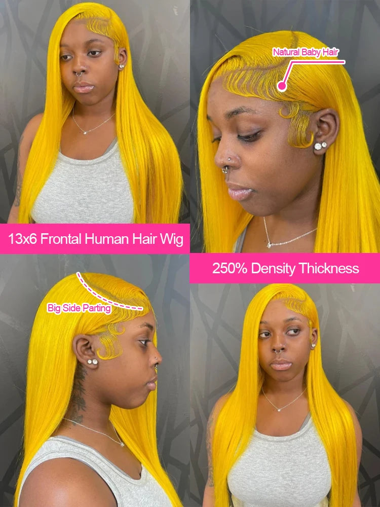 Bright Lemon Yellow 13x4 13x6 Transparent HD Lace Frontal Wig Brazilian 100 Percent Raw Human Hair Bone Straight Cosplay Wig