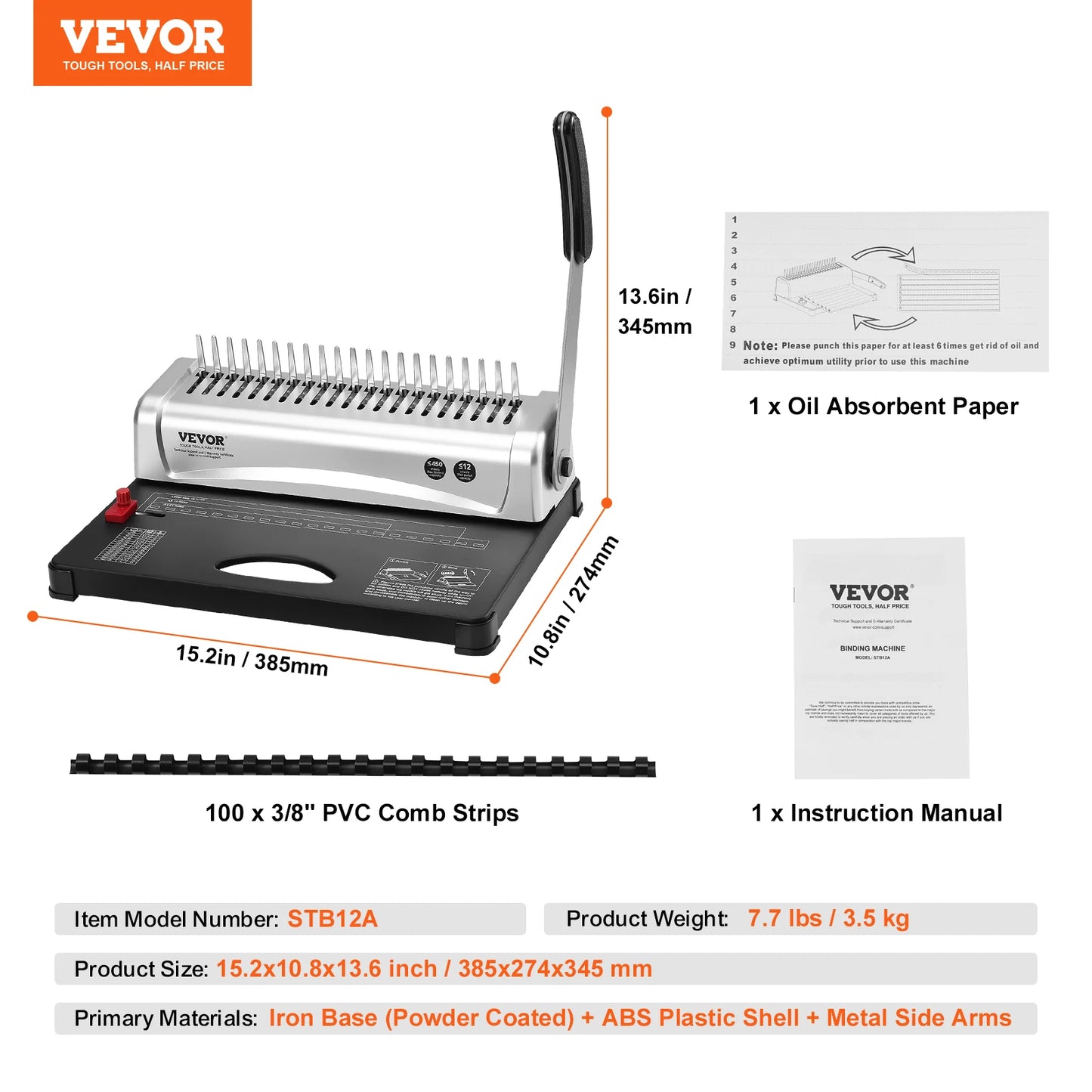 VEVOR Comb Binding Machine 21 Holes 450 Sheets Book Binder with 100 Pieces 3/8 Inch Comb Binding Spines