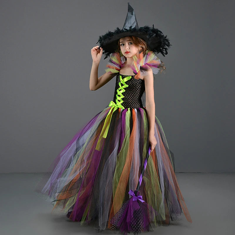 Kids Halloween Witch Costume Set with Tulle Dress Cross Tie Up Design Witch Hat and Broomstick for Cosplay Party
