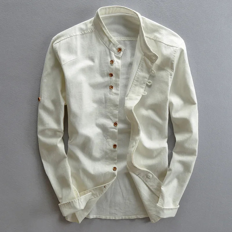 Casual Linen Men's Shirt Gentleman Style Stand Collar Spring New Arrival Wish Cotton Linen Shirt Comfortable Loose Fit Long S...