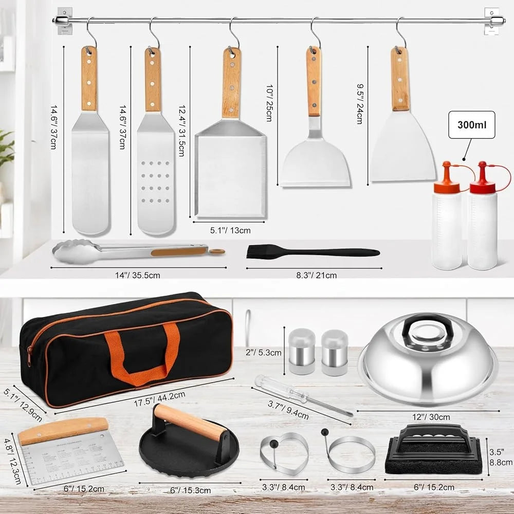 25 Piece Griddle Accessories Set Flat Top Grill Tools Stainless Steel Spatulas Scraper Basting Cover Ideal for BBQ Cooking