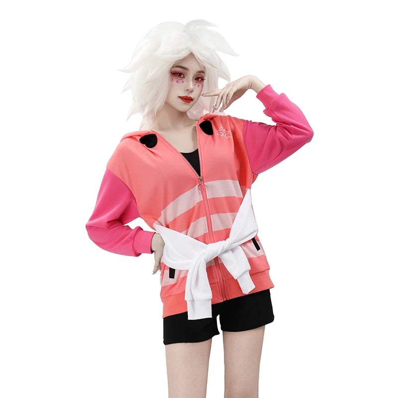 WENAM Anime Angel Dust Cosplay Costume Sexy Pink White Striped Four Arms Demon Suit for Women Halloween Party