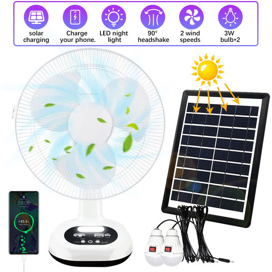 Solar Rechargeable Portable Cold Air Fan Outdoor Floor Table Desk Fan with LED Light and 2 Speed Remote Control for Bedroom