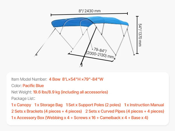 VEVOR 4 Bow Boat Bimini Tops 600D Polyester Canopy with Aluminum Alloy Frame Waterproof & Sun Shade Boat Awning Canopy Grey/Blue
