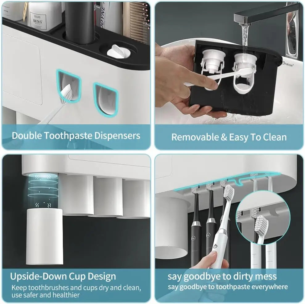 Dual Automatic Toothpaste Dispensers,   Eelectric Toothbrush Holder Wall-Mounted with Toothpaste Squeezer, Multifunctional