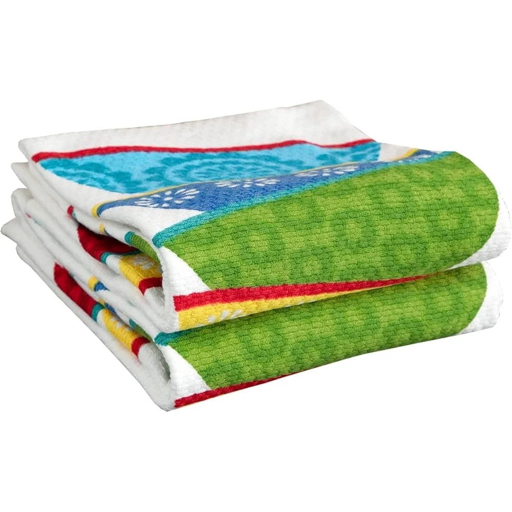 Double Sided Print Woven Cotton Kitchen Dish Towel Set 2-pack Lint-Free Absorbent Soft Machine Washable 16x26 Inch