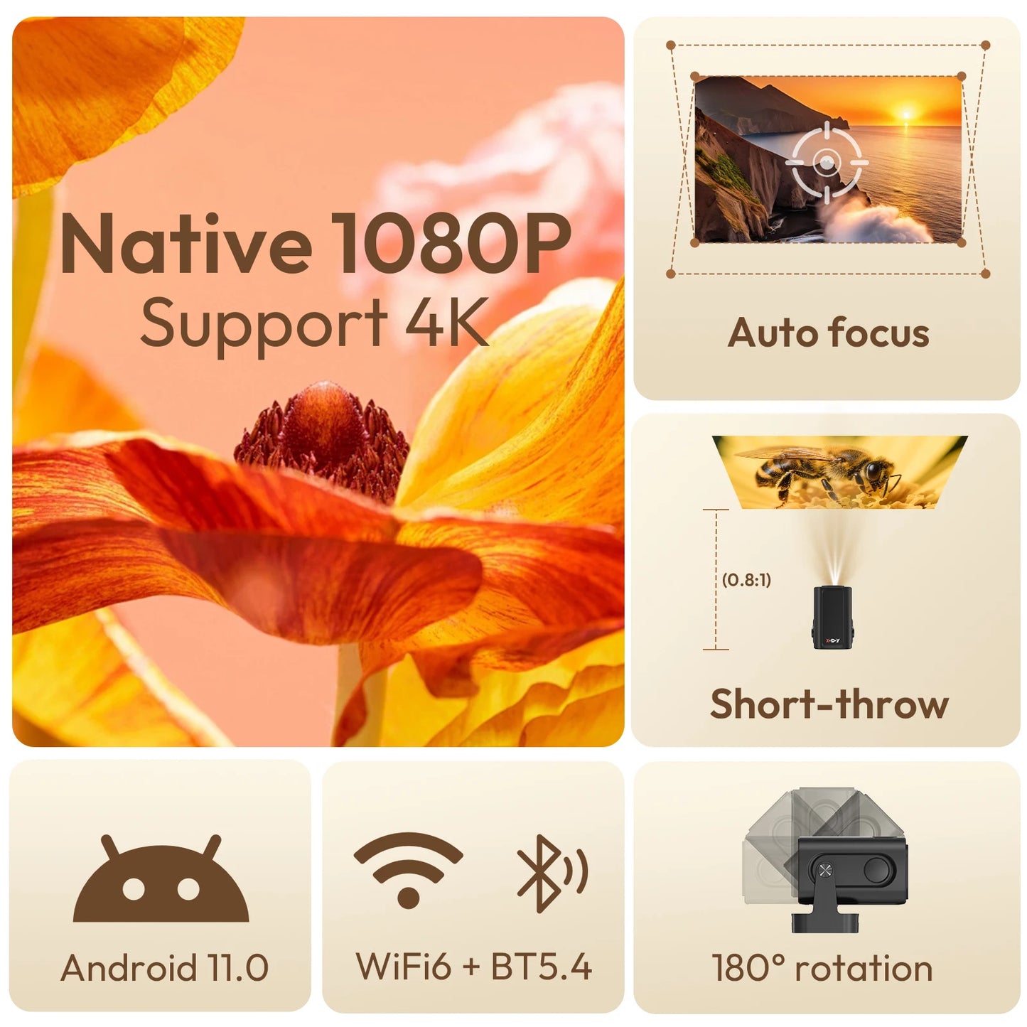 XGODY 4K HD 300ANSI Projector Cinema Bluetooth WiFi 1080P Android Home Theater Smart Projector