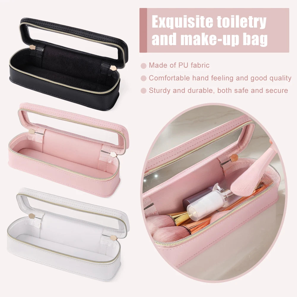 Women PU Makeup Brush Bag Transparent Travel Wash Bag Dual Zipper Cosmetic Organizer Toiletry Pouch