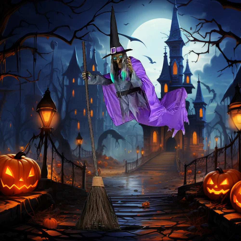 Flying Witch Decoration with Scary Sounds and Lights Halloween Props Broom Prop for Garden Yard Lawn Indoor