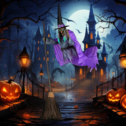 Flying Witch Decoration with Scary Sounds and Lights Halloween Props Broom Prop for Garden Yard Lawn Indoor