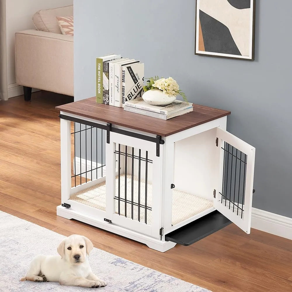 Dog Crate Furniture With Sliding Barn Door Stylish Double Doors Wooden Kennel With Tray And Cushion Decorative Indoor Pet House