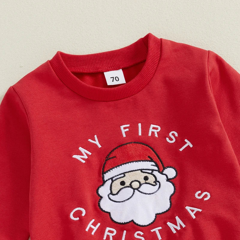 Toddler Girl Boy Christmas Outfits Santa Claus Letter Embroidery Long Sleeve Sweatshirt with Solid Pants Set