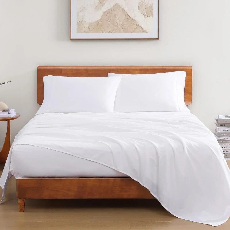 Organic Cotton Queen Sheet Set Four Piece Cotton Sheets Queen Size Bed Set Soft and Breathable Percale Weave White