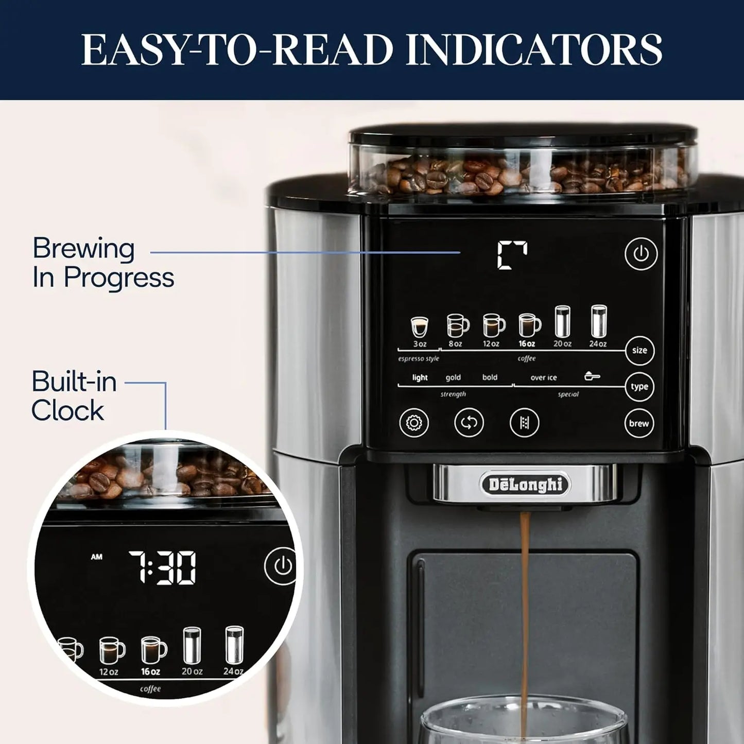 True Brew Drip Coffee Maker, Built in Grinder, Single Serve, 8 oz to 24 oz, Hot or Iced Coffee, Stainless, CAM51025MB