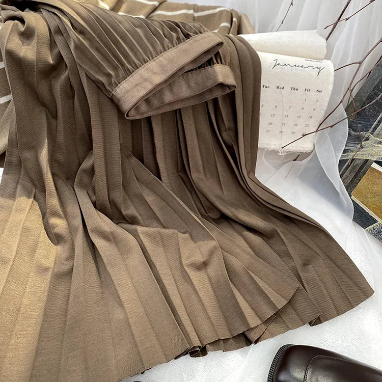 2025 Women Elegant Pleated Skirt High Waist Women Mid-long Skirt Female Ladies High Quality Women Midi Skirt Black Saia