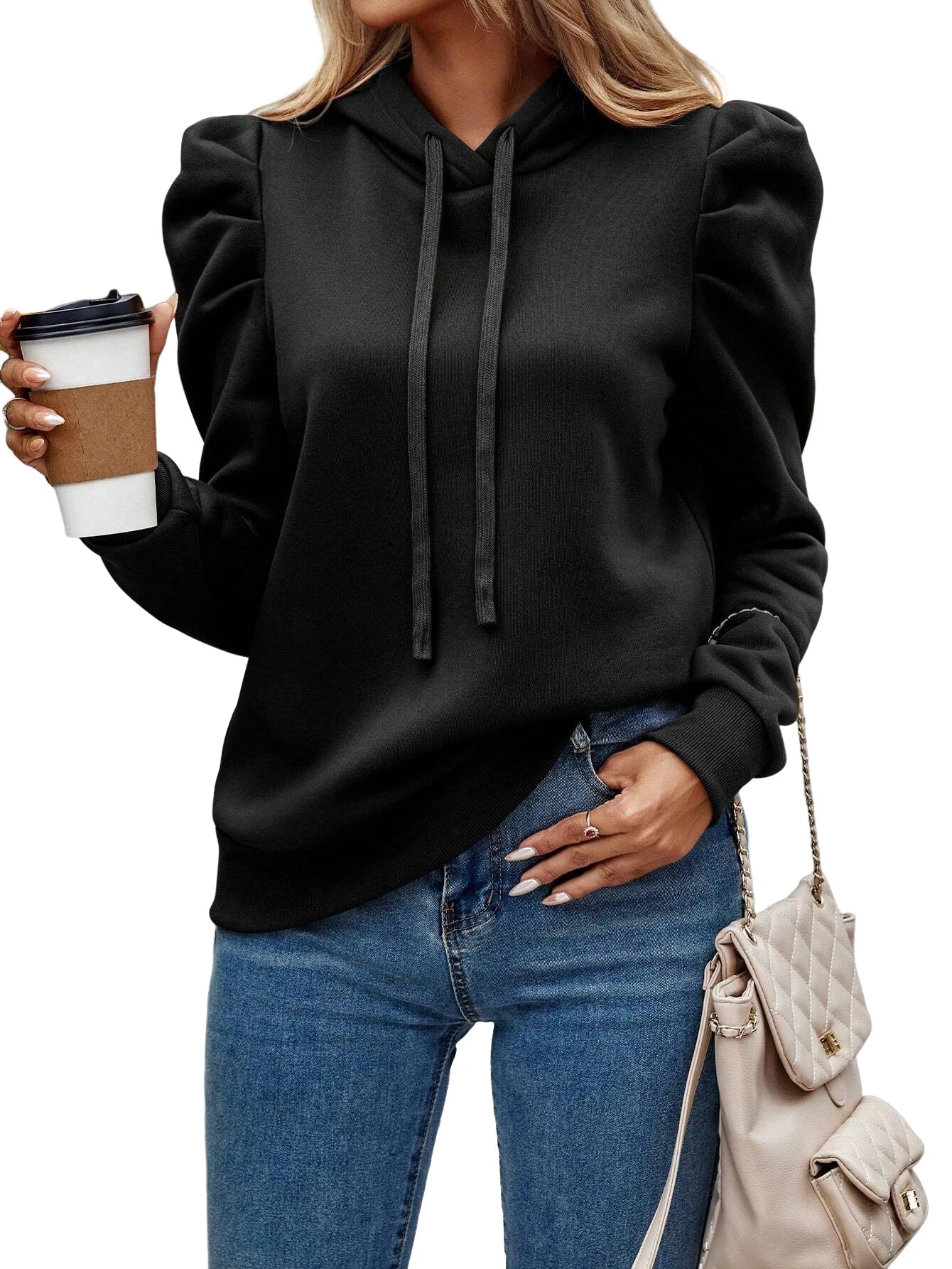 Women Casual Hoodies Long Ruffle Sleeve Solid Lightweight Pullover Tops Loose Sweatshirt with Drawstrings