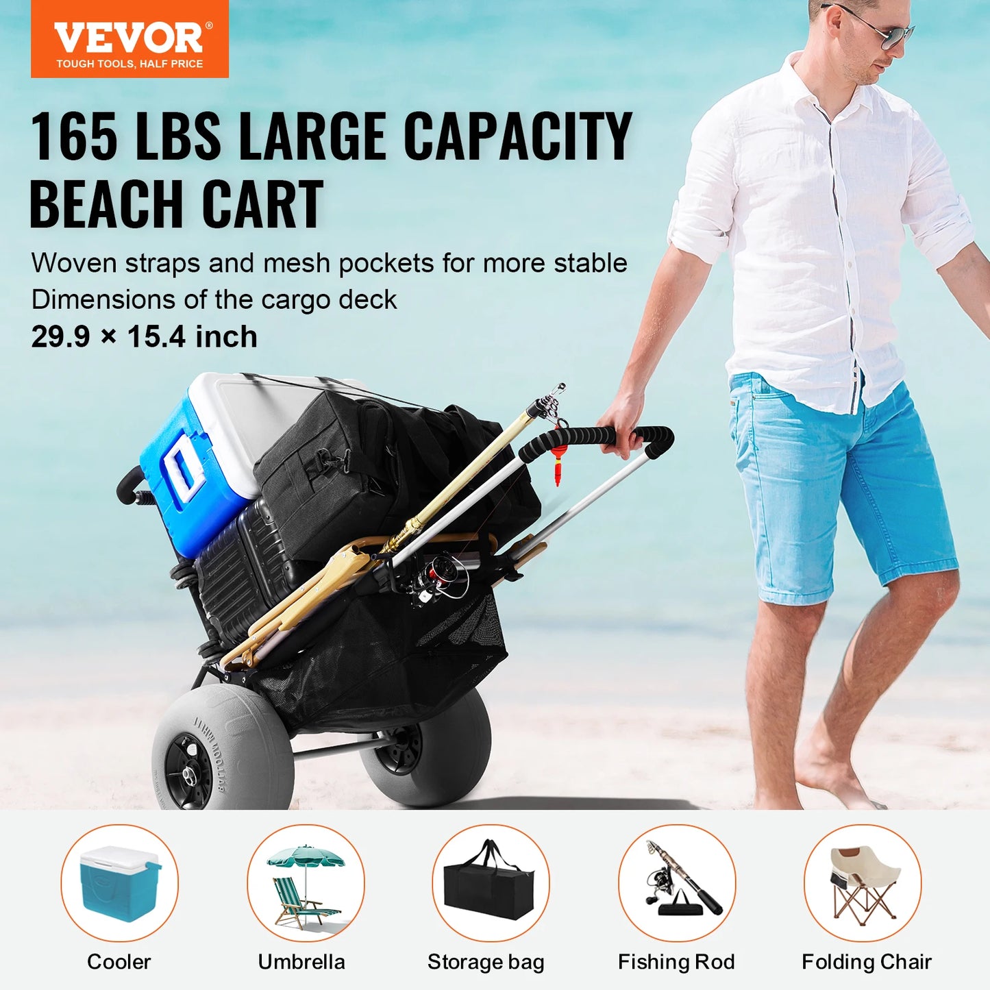 SucceBuy Beach Dolly with Big Wheels for Sand 29.9 x 15.4 Inch Cargo Deck Folding Sand Cart