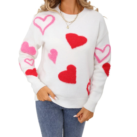 Valentine s Day Women s Sweater with Heart Pattern Long Sleeve Round Neck Knit Pullover Top for Winter Wear