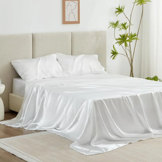 Satin Queen Sheets Set 4 Piece White Silky Bed Sheets with Deep Pocket Luxury Silk Feel Satin Queen Size Sheet Set
