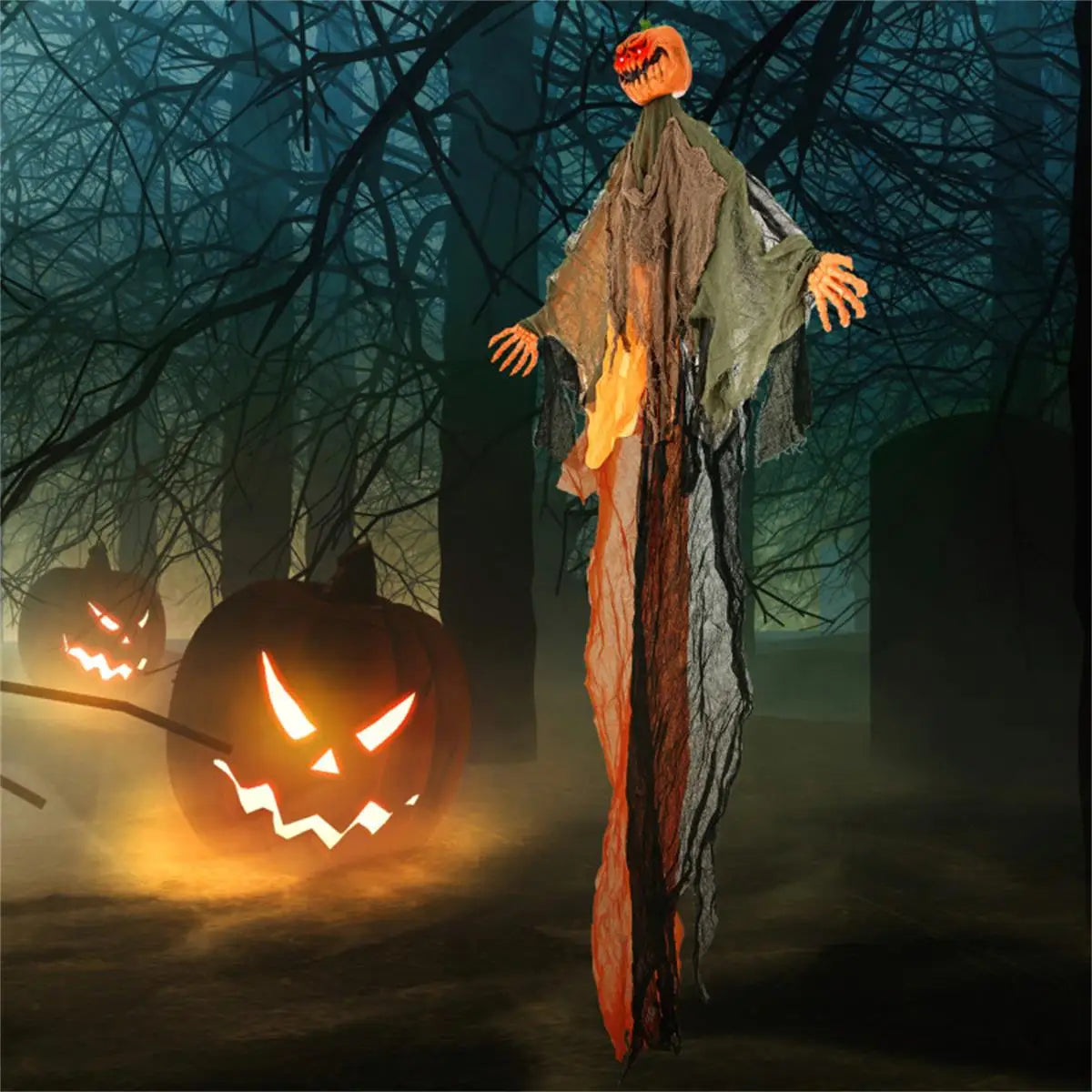 6FT Bendable Pumpkin Ghost Halloween Decoration with Hanging Arms and Red LED Lights for Spooky Party Decor