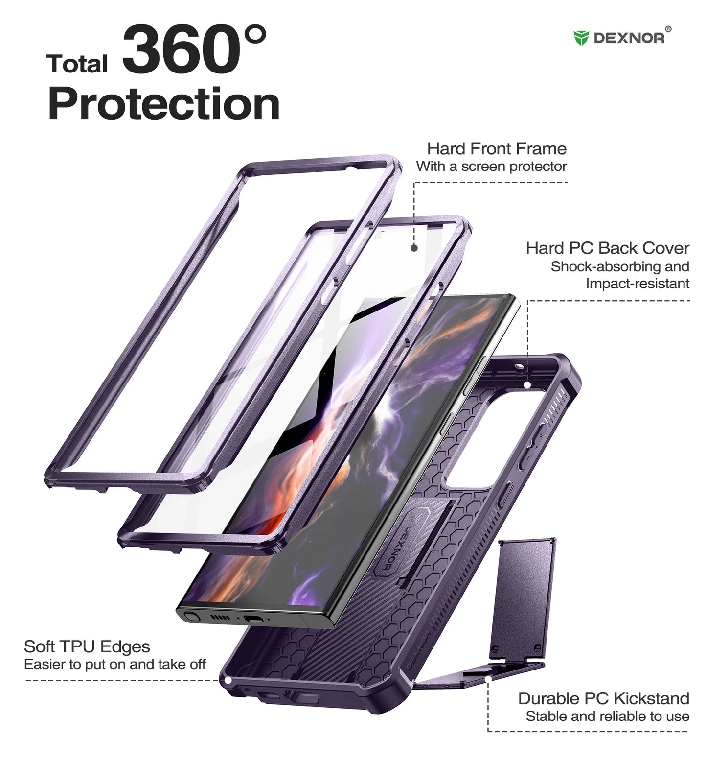Dexnor for Samsung Galaxy S23 Ultra Case Full Body Heavy Duty Military Grade Protection with Built-in Screen Protector and Kickstand