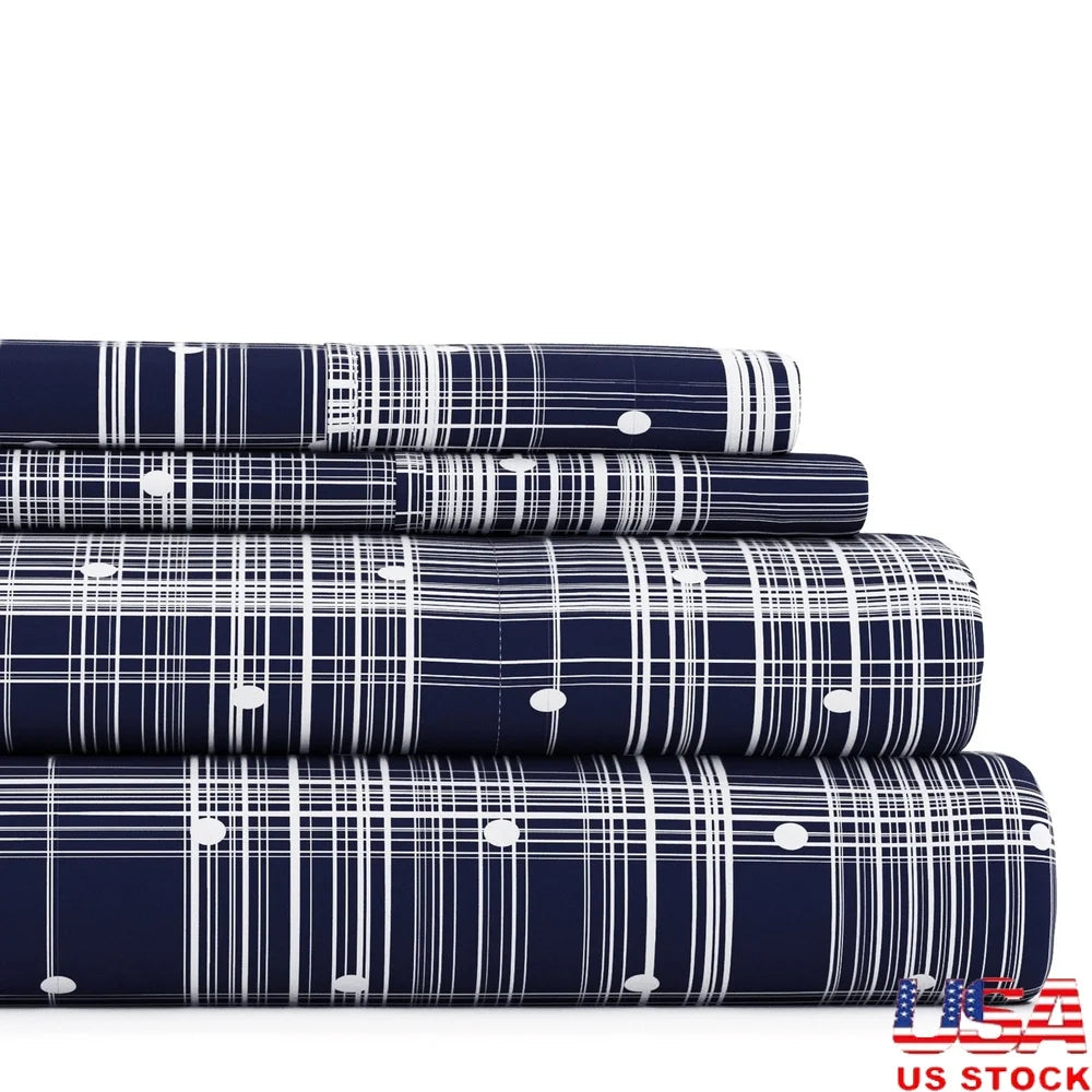 4 Piece Navy Polka Dot Microfiber Bed Sheet Set Soft Hypoallergenic Durable Deep Pocket Twin Bedding Ideal for Sensitive Skin