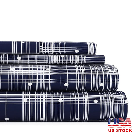 4 Piece Navy Polka Dot Microfiber Bed Sheet Set Soft Hypoallergenic Durable Deep Pocket Twin Bedding Ideal for Sensitive Skin