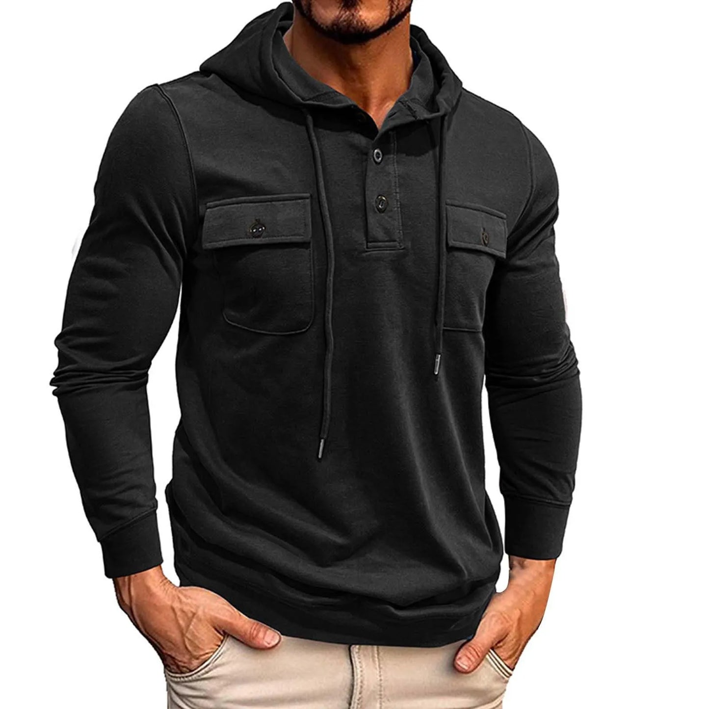 Men Casual Patchwork Pockets Hoodie Streetwear Mens Hoodies 2024 Fall Fashionable Solid Color Long Sleeve Hooded Sweatshirts For