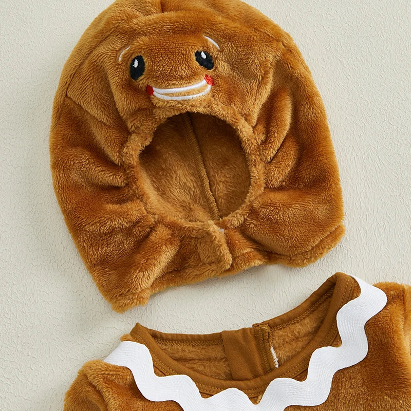 Gingerbread Man Costume Set with Ric Rac Trim Fleece Jumpsuit Hat and Gloves for Christmas and Halloween Party Fun