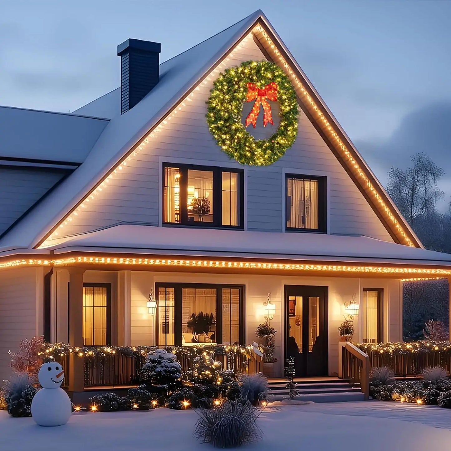 Artificial Christmas Wreath with Bow, Pre-Lit Winter Wreath with LED Light, Indoor Outdoor Holiday Xmas Decorations