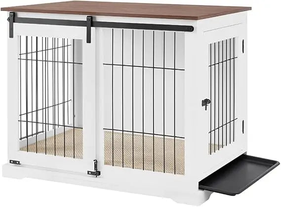 Dog Crate Furniture With Sliding Barn Door Stylish Double Doors Wooden Kennel With Tray And Cushion Decorative Indoor Pet House